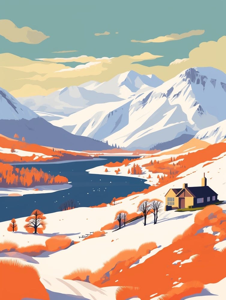 Retro Winter Illustration Snowdonia United Kingdom 1