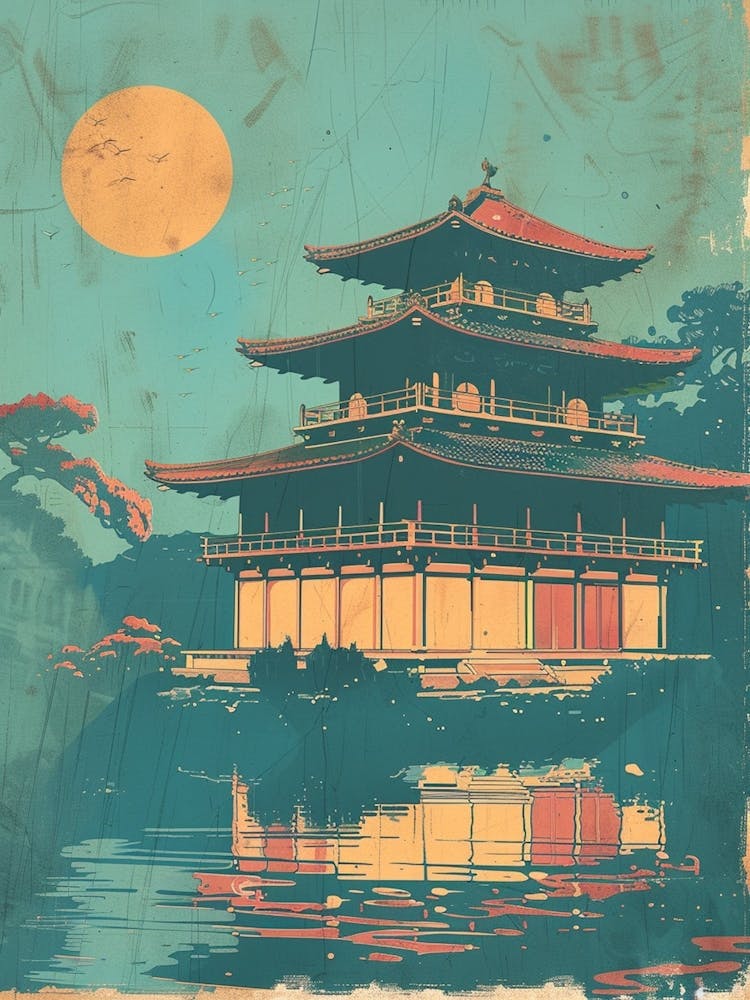 Japanese Castle & Moon Mid Century Modern Inspired