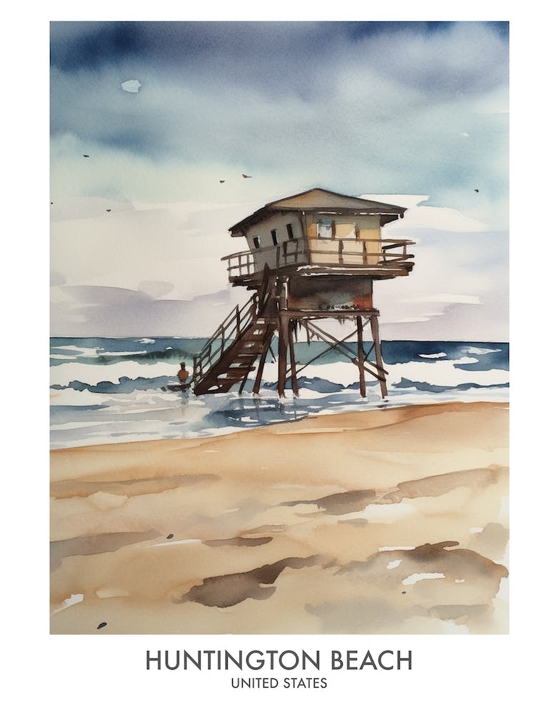 Huntington Beach 3 Watercolour Travel Poster
