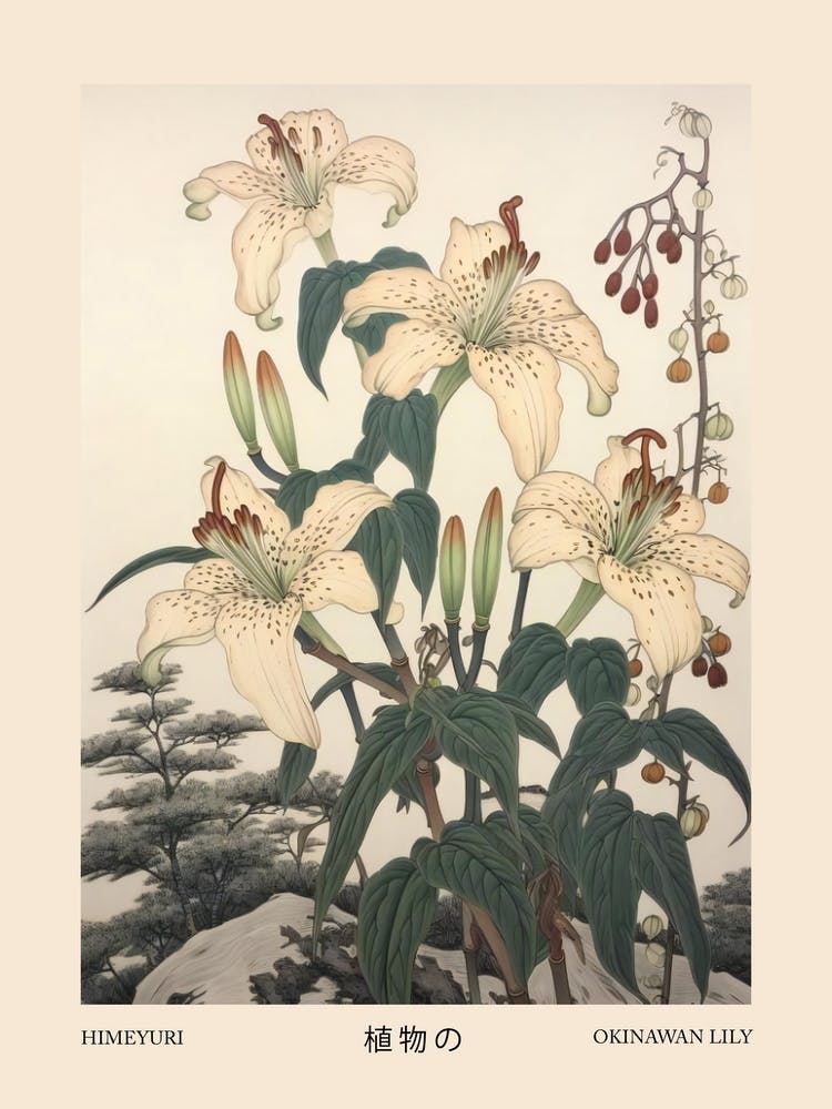 Himeyuri Okinawan Lily 3 Vintage Japanese Botanical Poster