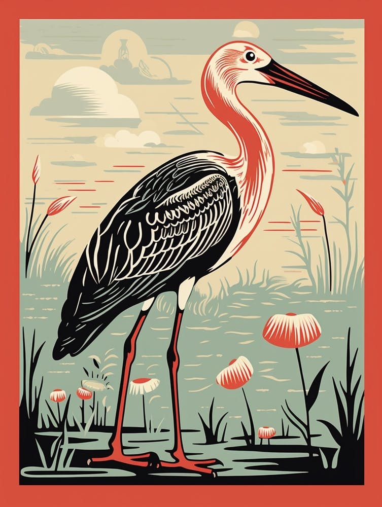 Vintage Bird Linocut Stork 2