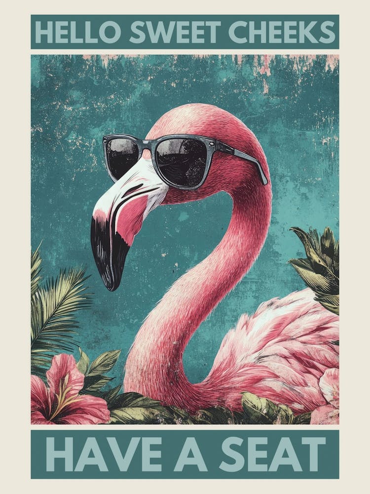 hello sweet cheeks have a seat Funny flamingo bathroom artwork in a playful kitsch aesthetic, colorful illustration in the style of 50s retro pop perfect for powder rooms, quirky spaces 4
