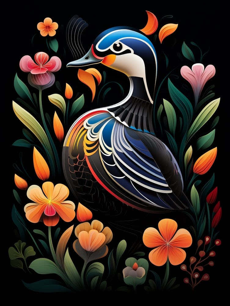 Folk Bird Illustration Wood Duck