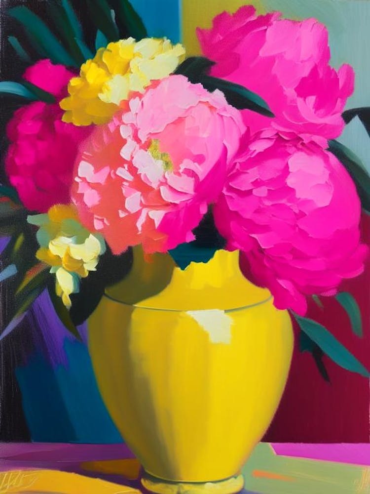 Vase Of Colourful Peonies Pink And Yellow Colourful Painting