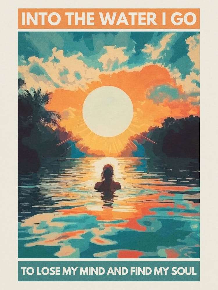 Into the water I go to lose my mind and find my soul swimmer in Sunset, wanderlust aesthetic artwork in blues and golds in the style of vintage travel posters for nature lovers, landscape wall art for bathrooms, coastal decor and calm spaces 4