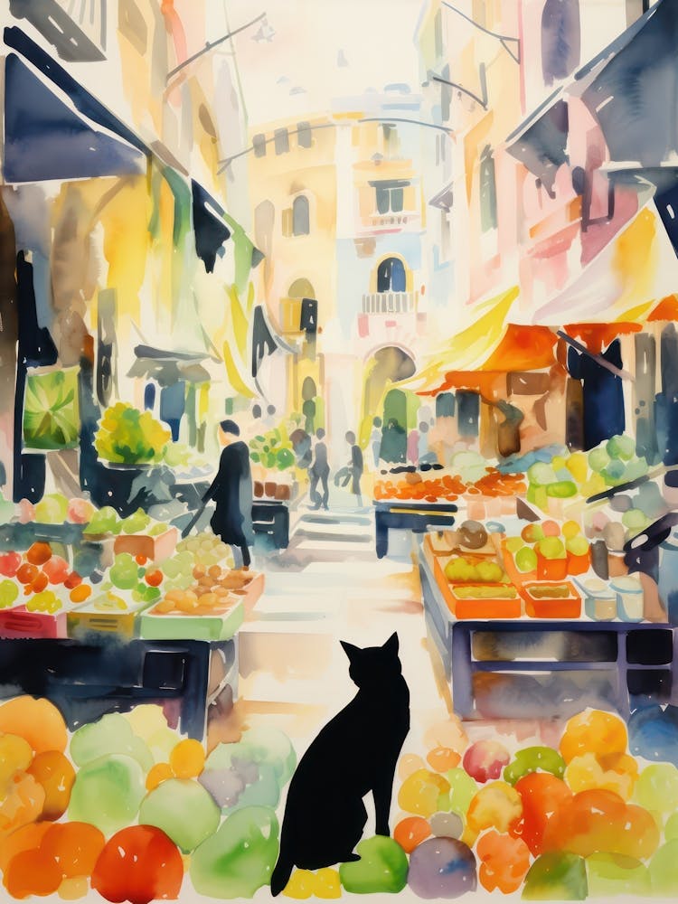 Food Market With Cats In Malaga 2 Watercolour