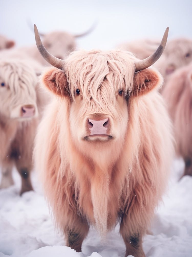 Highland Cow In The Snow Pink Filter Portrait 1