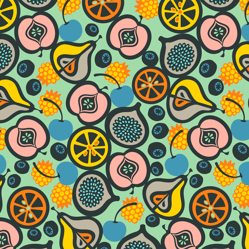 FRESH FRUIT Mid-Century Modern Retro Graphic Apples Pears Oranges Figs Berries Citrus in Vintage Colours on Mint