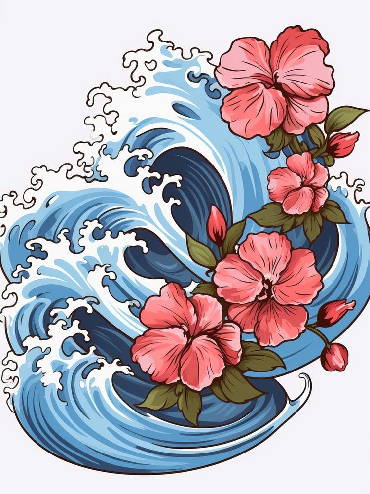 Great Wave With Petunia Flower Drawing In The Style Of Ukiyo E 2