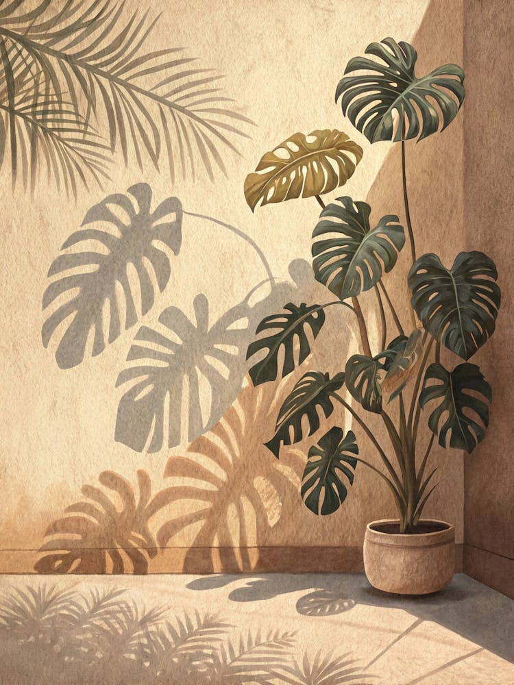 Oil Painting Style Shadow Of Monstera On Sand Color