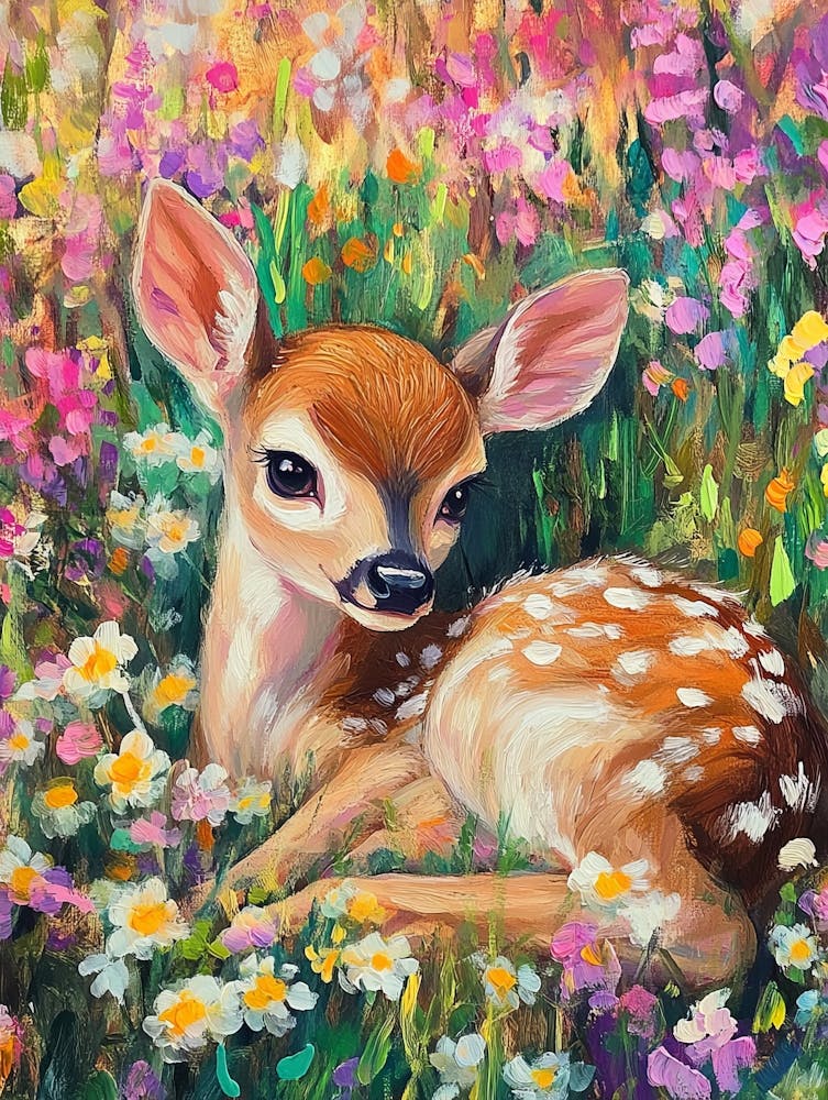 Young Deer In Wild Landscape With Spring Or Summer Colorful Flowers