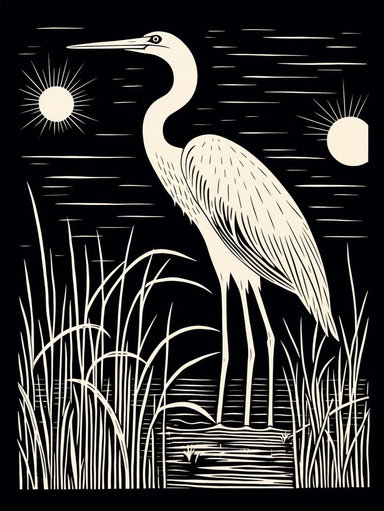 B&W Bird Linocut Egret 3