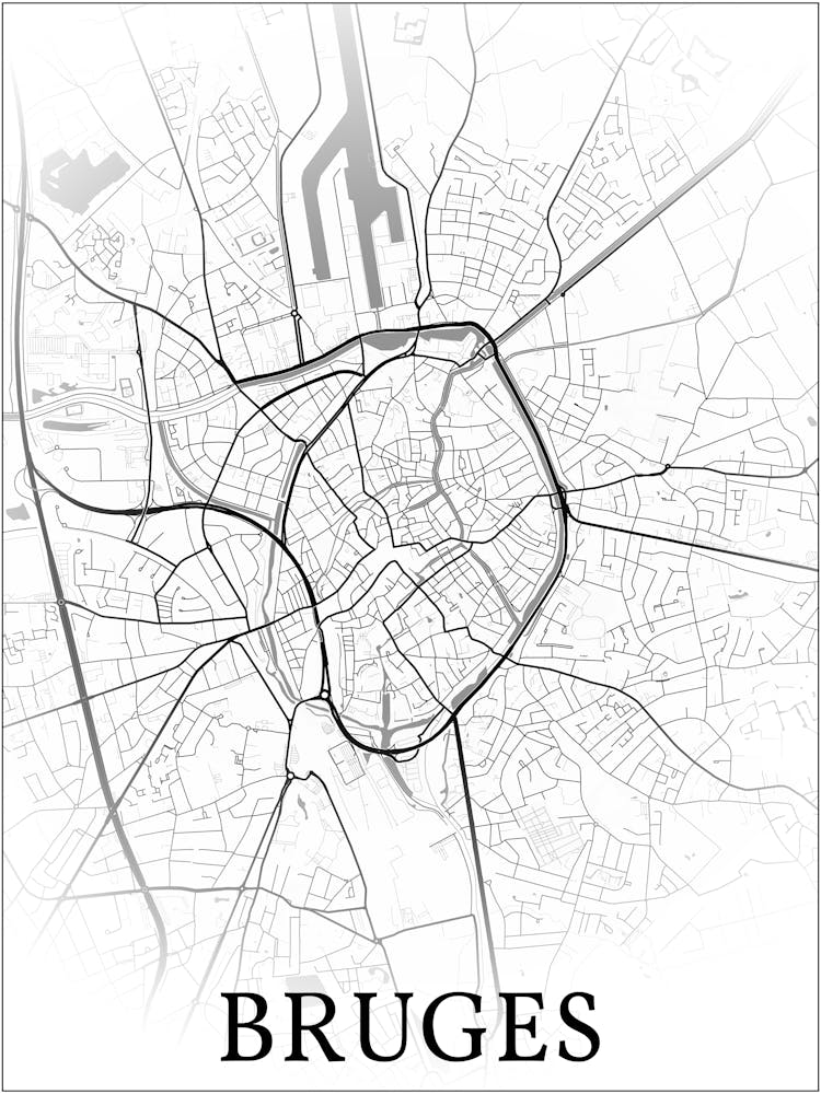 Bruges, West Flanders, Belgium, City Map, Black And White Fade Design
