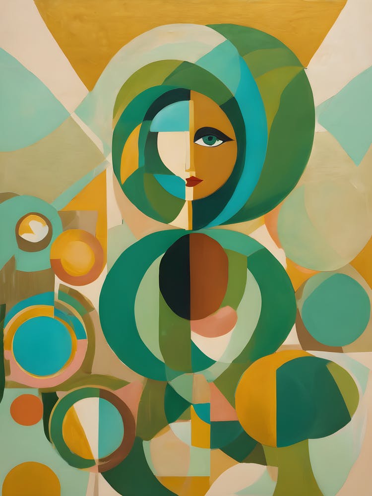 Lost - Abstract Art Deco Geometric Shapes Oil Painting Modernist Picasso Inspired Bold Gold Green Turquoise Red Face Visionary Fantasy Style Wall Decor Surrealism Trippy Cool Room Art Invoke Psychedelic