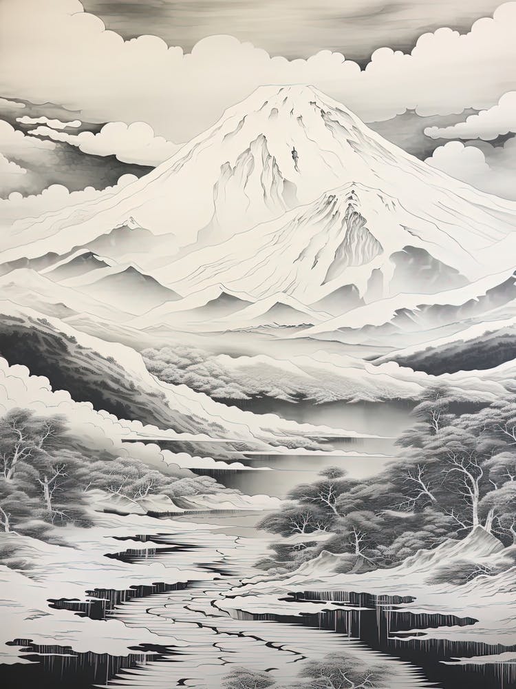 Yatsugatake Mountains In Yamanashi, Ukiyo E Black And White Line Art Drawing 3