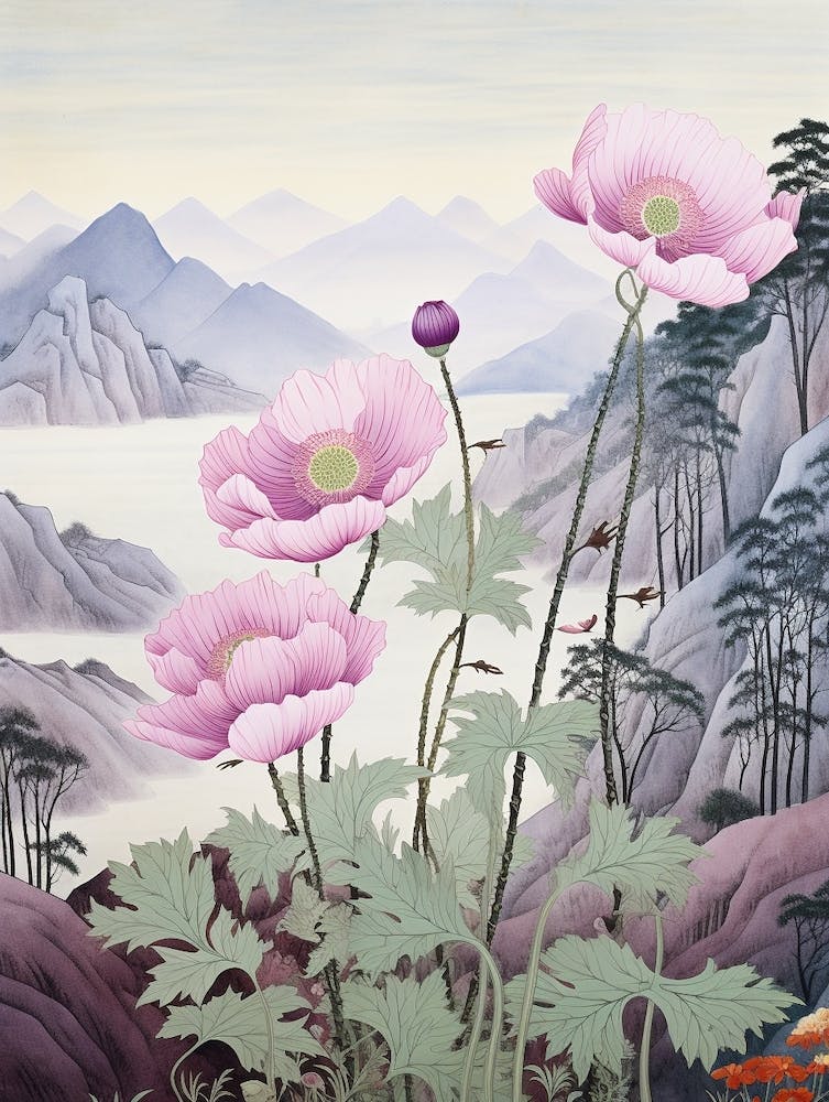 Hanaichige Japanese Anemone 2 - Japanische Botanische Illustration