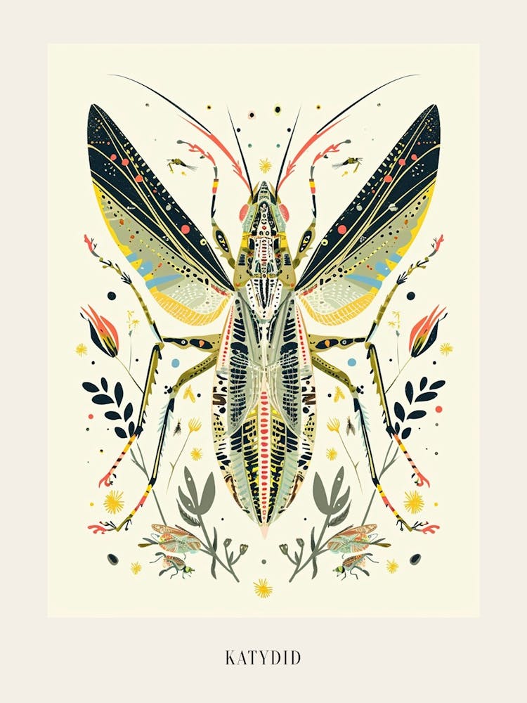 Bunte Insektenillustration Laubheuschrecke 12 Poster
