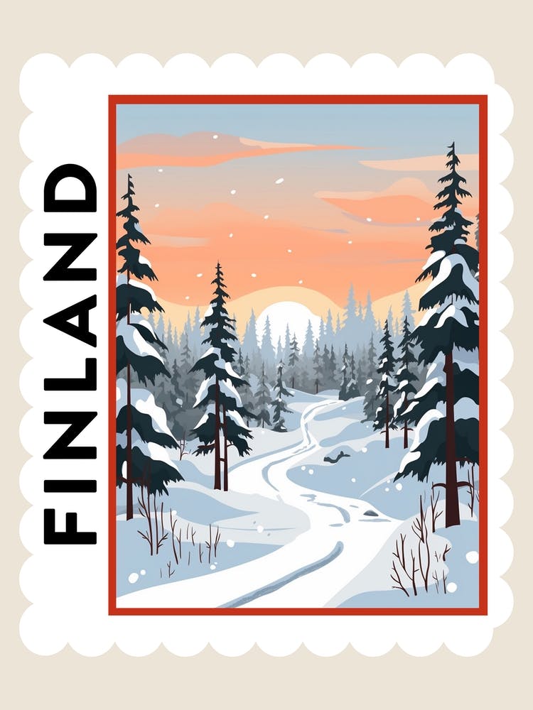 Affiche Timbre Hiver Rétro Laponie Finlande 4