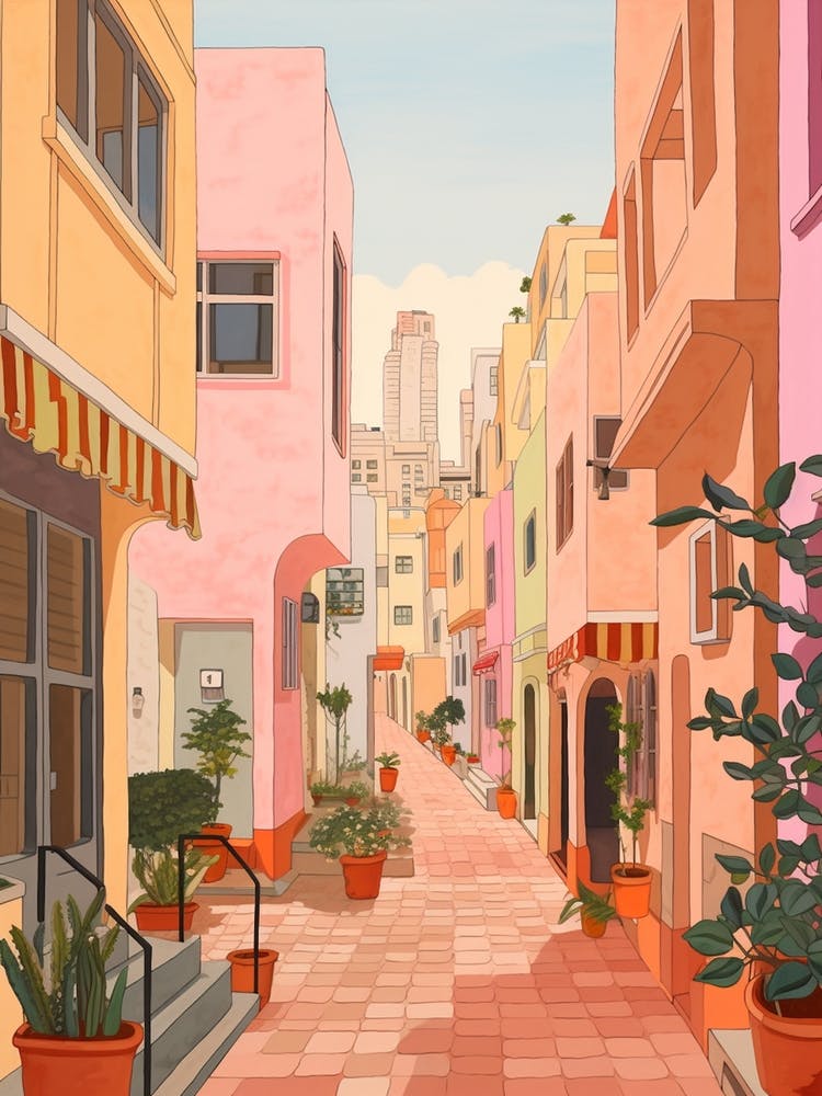 Tel Aviv Israel 6 Vintage Pink Travel Illustration