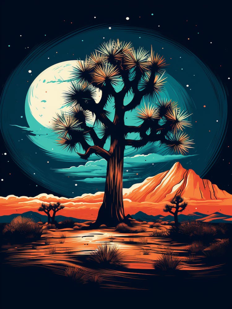 Joshua Tree With Starry Sky At Night In Retro Illustration Style (4)