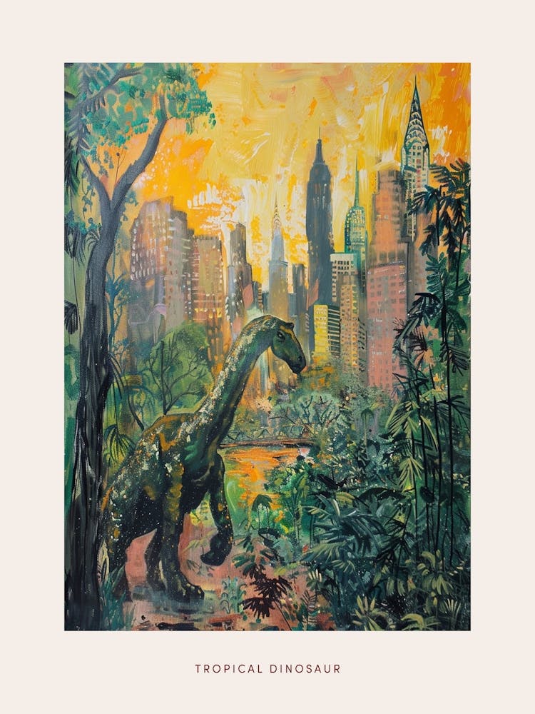 Dinosaur Sunrise Cityscape Tropical Painting Poster