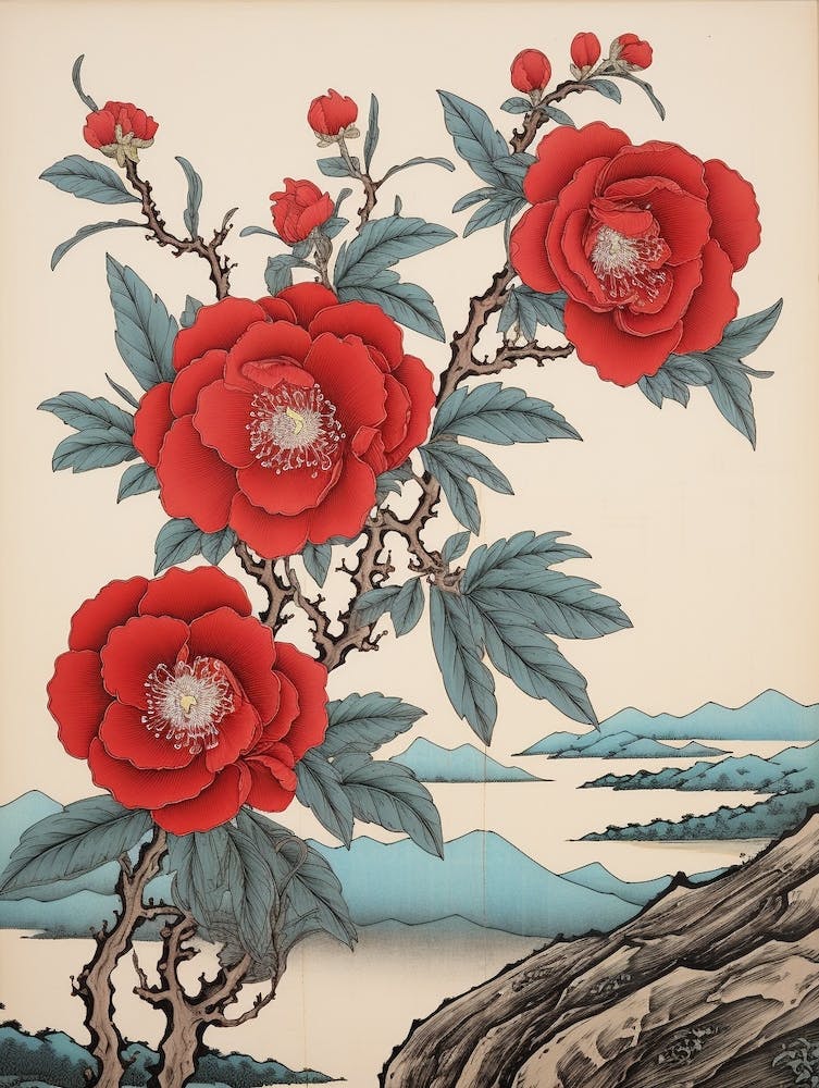 Higanatsu Red Camellia3 Vintage Japanese Botanical