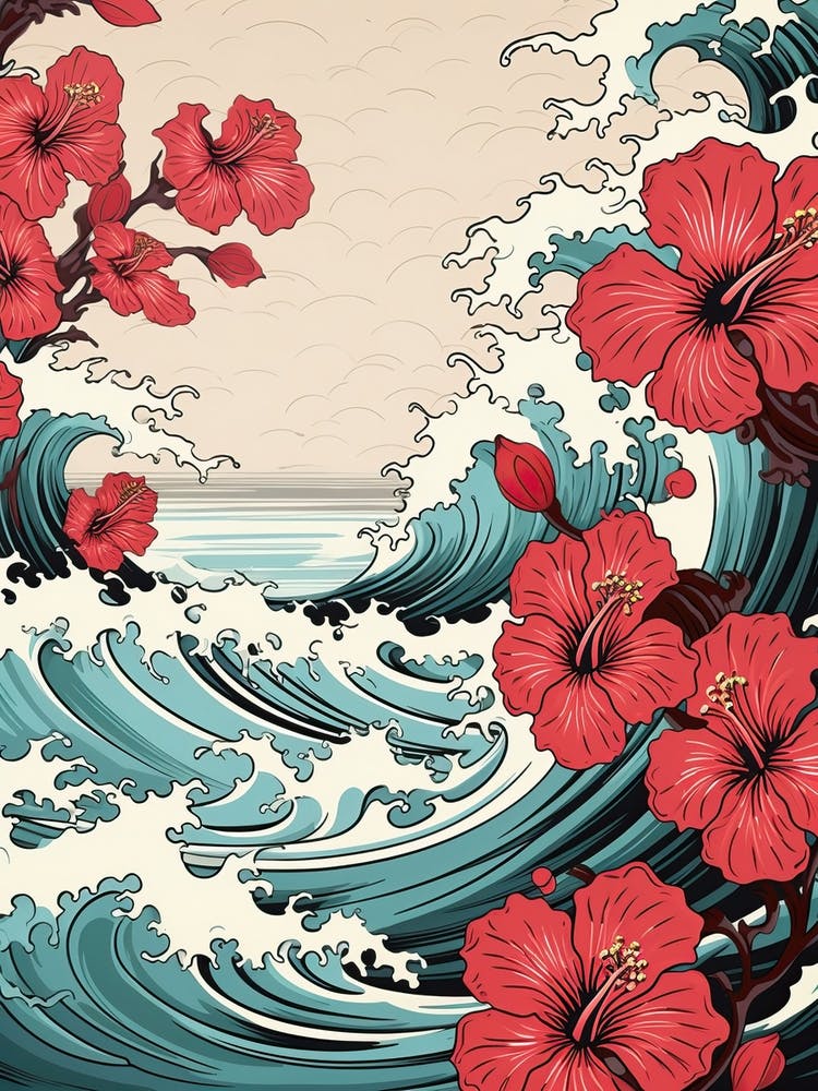 Great Wave With Hibiscus Flower Drawing In The Style Of Ukiyo E 2
