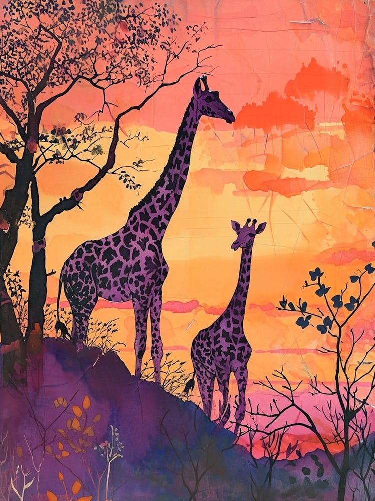 Two Giraffes At Sunset Purple 1