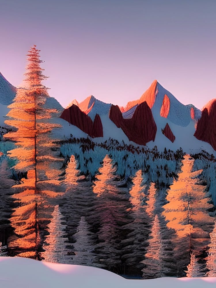 Red Sunset Snowy Mountains Oil Painting Morning Skiing Resort