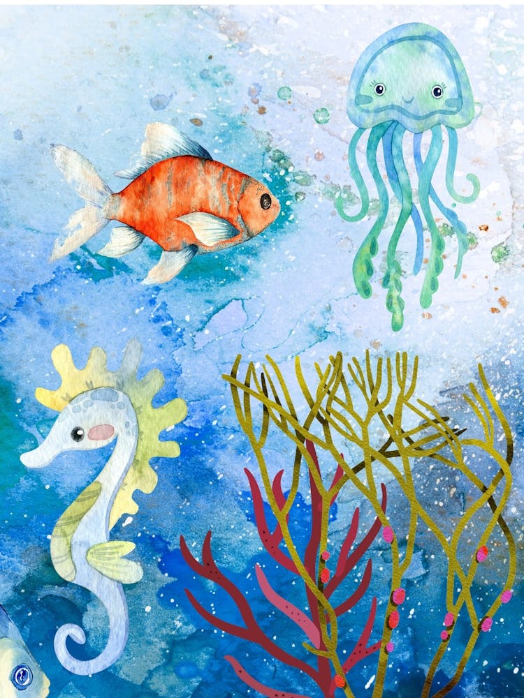 Poisson Comète, Hippocampe sarcelle et vert pâle, Pieuvre, Corail, Algues aquarelle