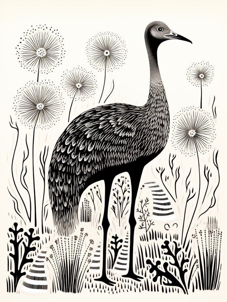 B&W Bird Linocut Ostrich 2