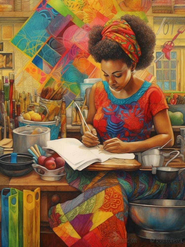 Afro-Kochen Bleistiftzeichnung Patchwork 1