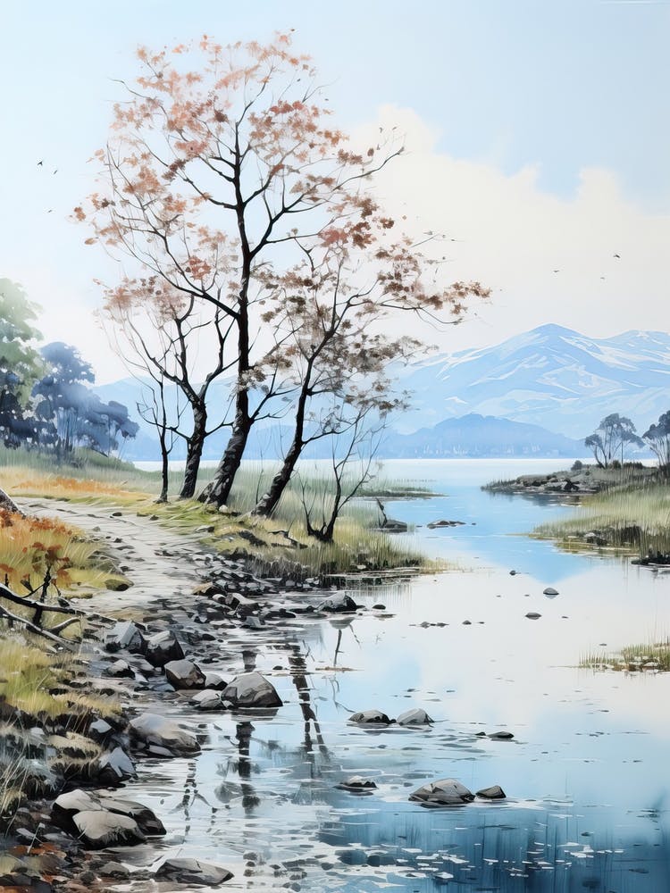 Lake Toya In Hokkaido, Japanese Brush Painting, Ukiyo E, Minimal 3