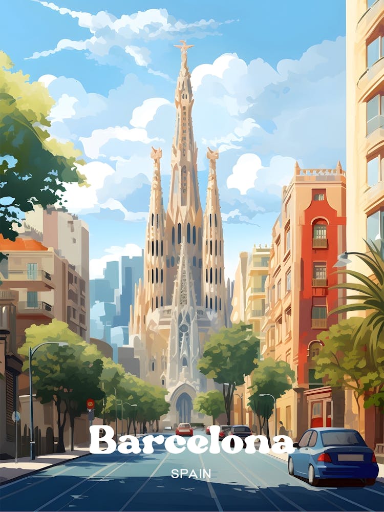 Barcelona Spain Catalonia Modern Travel Art Illustration
