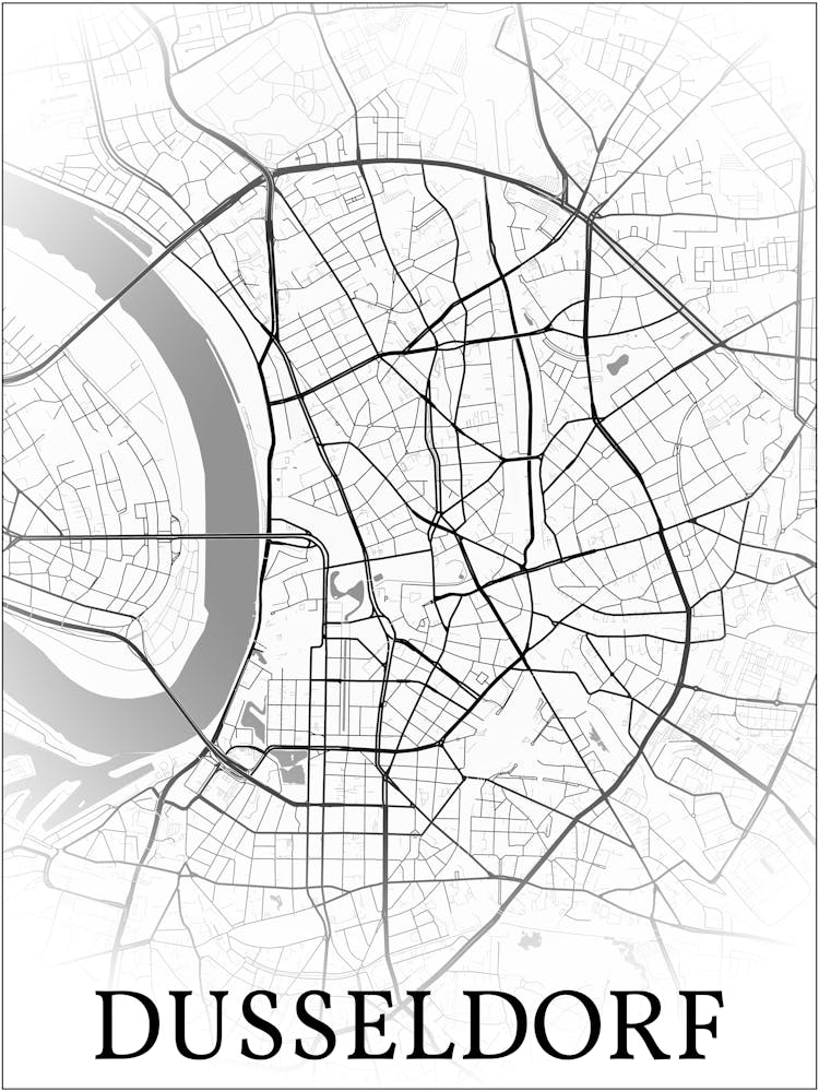 Düsseldorf, North Rhine Westphalia, Germany, City Map, Black And White Fade Design
