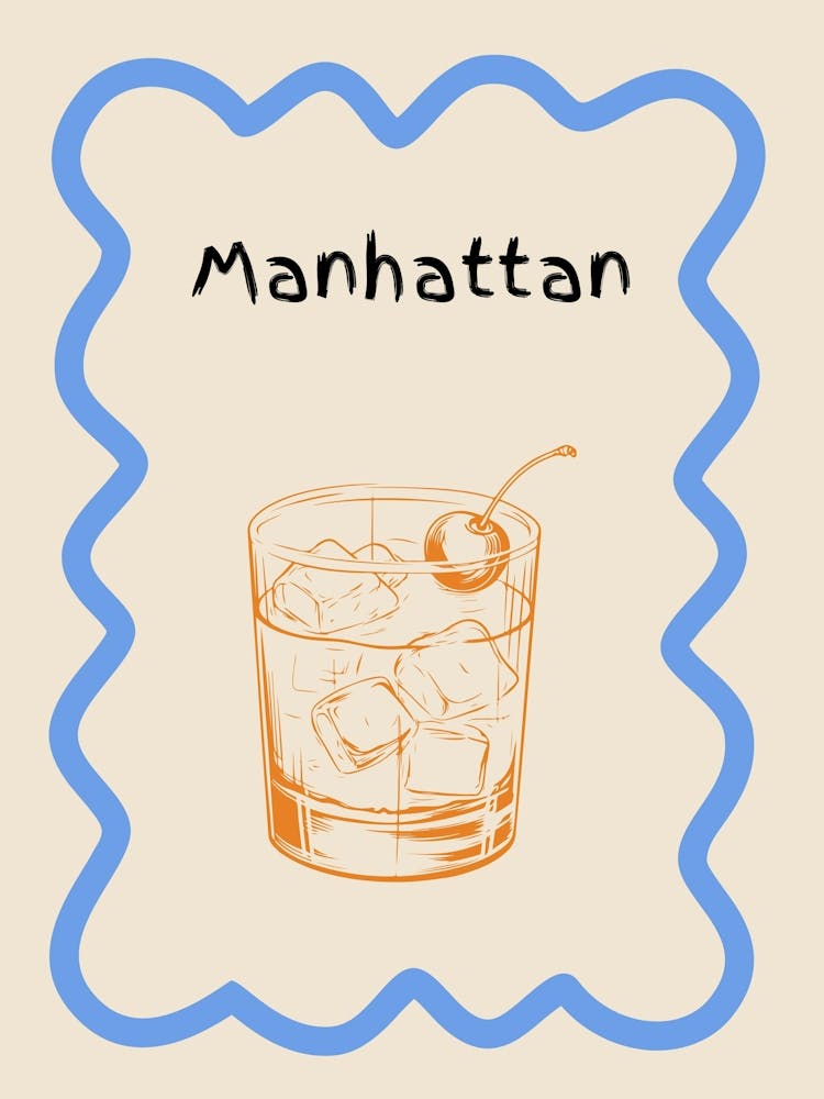 Manhattan Cocktail Doodle Poster Blue & Orange