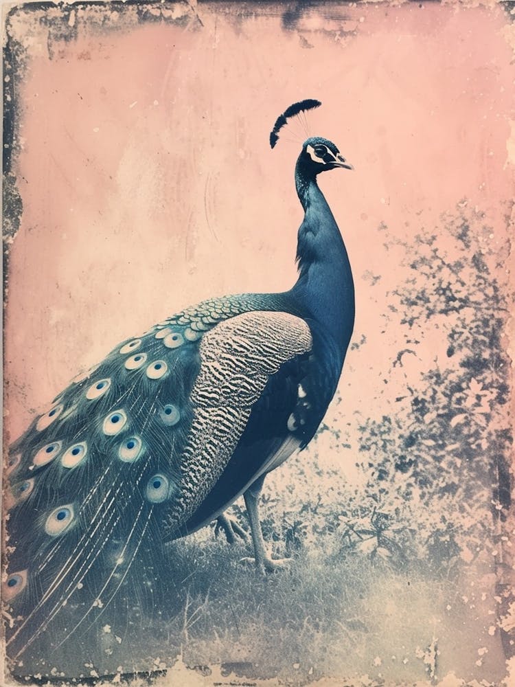 Pink & Blue Peacock Cyanotype Style 4