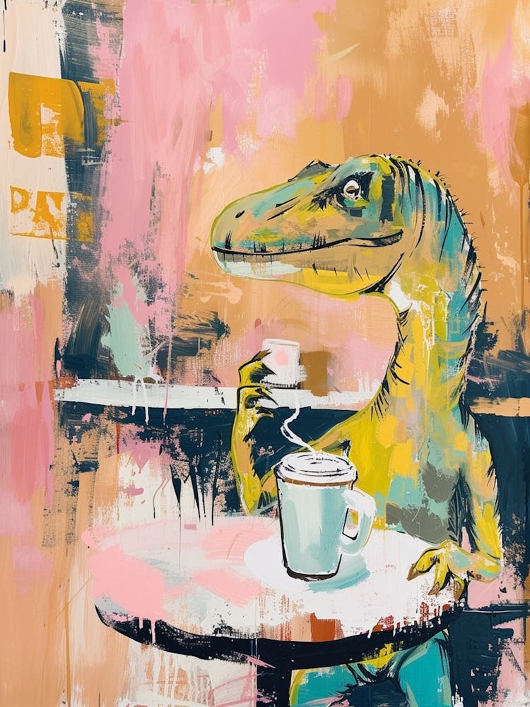 Graffiti Style Dinosaur Drinking A Coffee In A Cafe 1