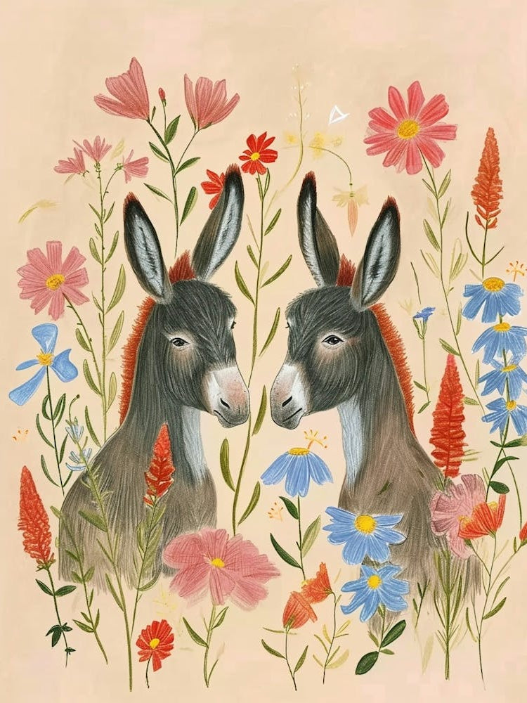 Folksy Floral Animal Drawing Donkey 2