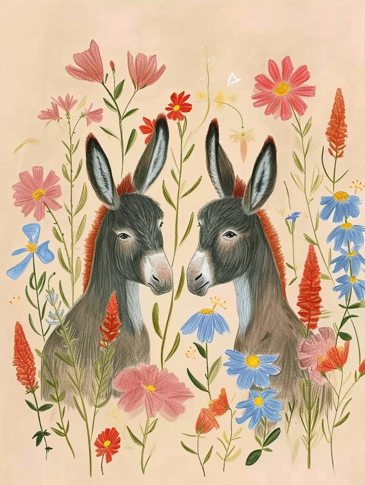Folksy Floral Animal Drawing Donkey 2