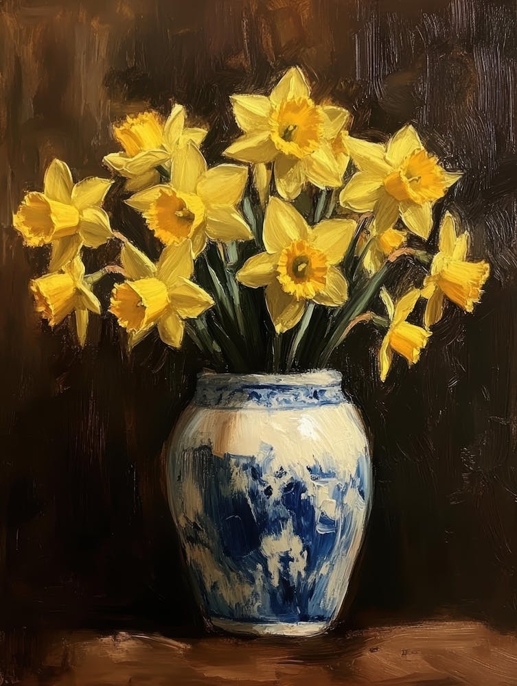 Daffodils In Blue And White Vase 2