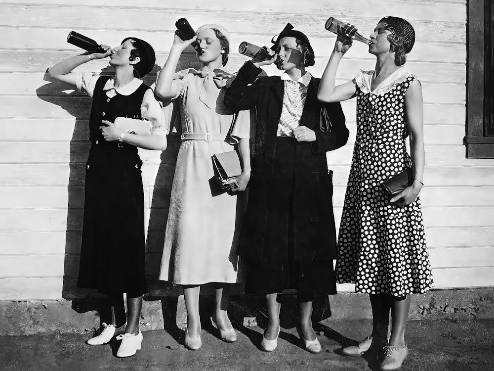 Women Drinking Beer, Vintage Black and White Old Photo, Bar Wall Decor