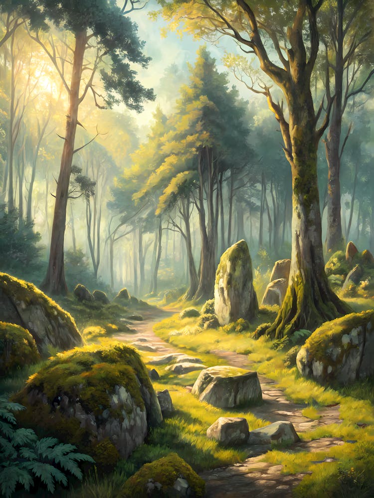Oil Painting Style Enchanted Forest Clearing Sunlit Path & Ancient Trees