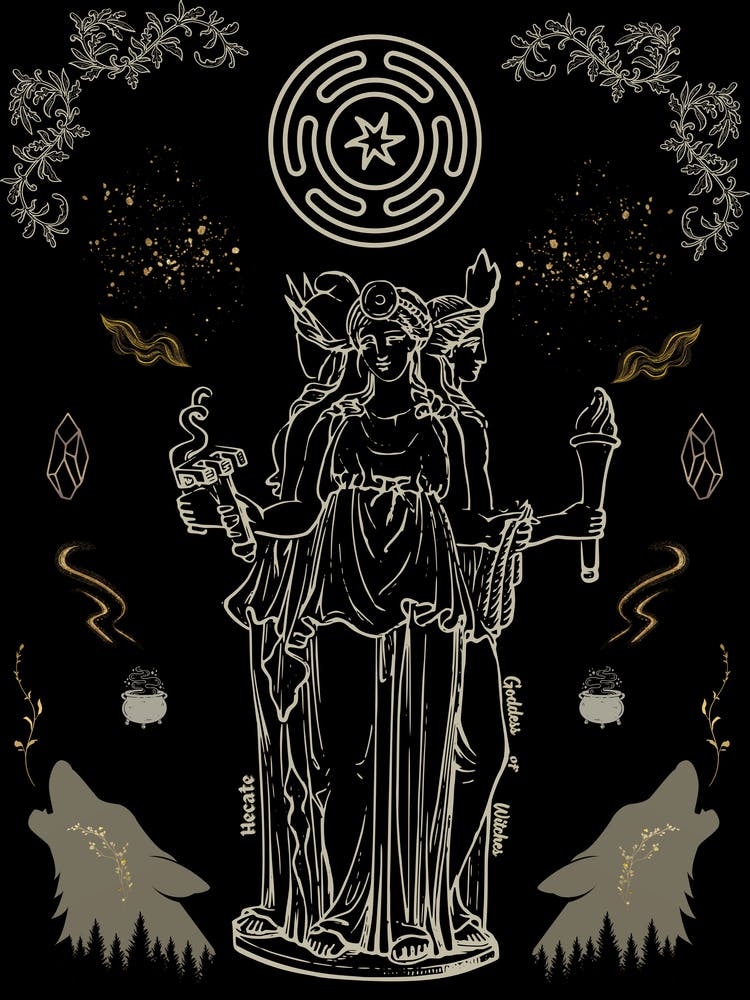 Hecate- Goddess of Witches - Witchcore Wolves Keys Crossroads Mythological Moon Deity For Witchy Women, Spellcasting Cauldrons Torches, Pagan Greek Magick Hekates Wheel