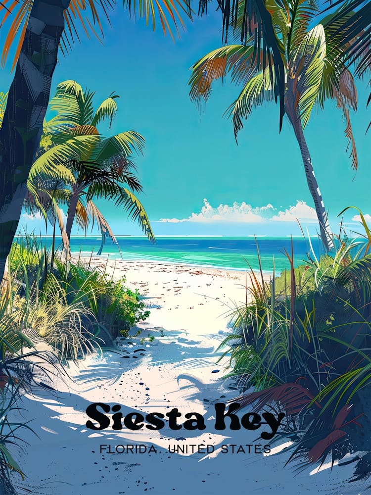 Siesta Key Florida Sumer Beach Digital Travel Illustration