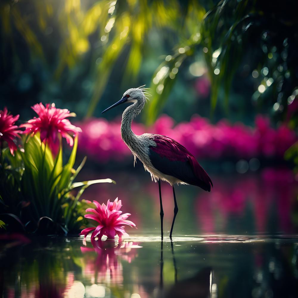 Elegant Egret Bird with Pink Lagoon Flowers