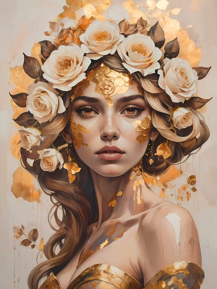 Woman with Floral Headdress and Gold Accents