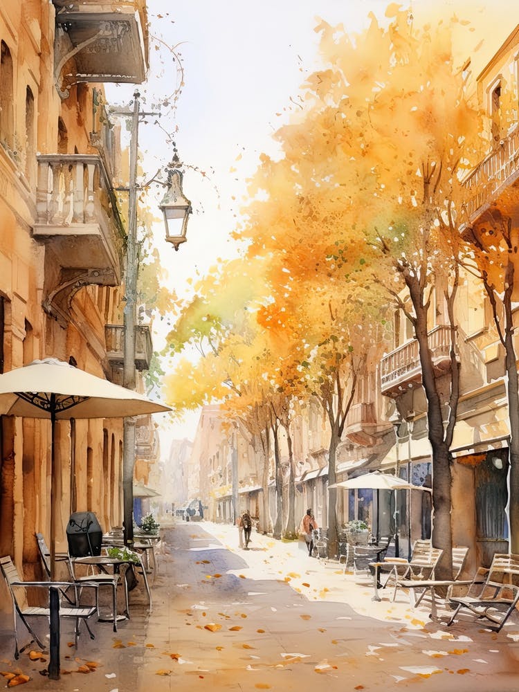 Barcelona Spain In Autumn Fall, Watercolour 2