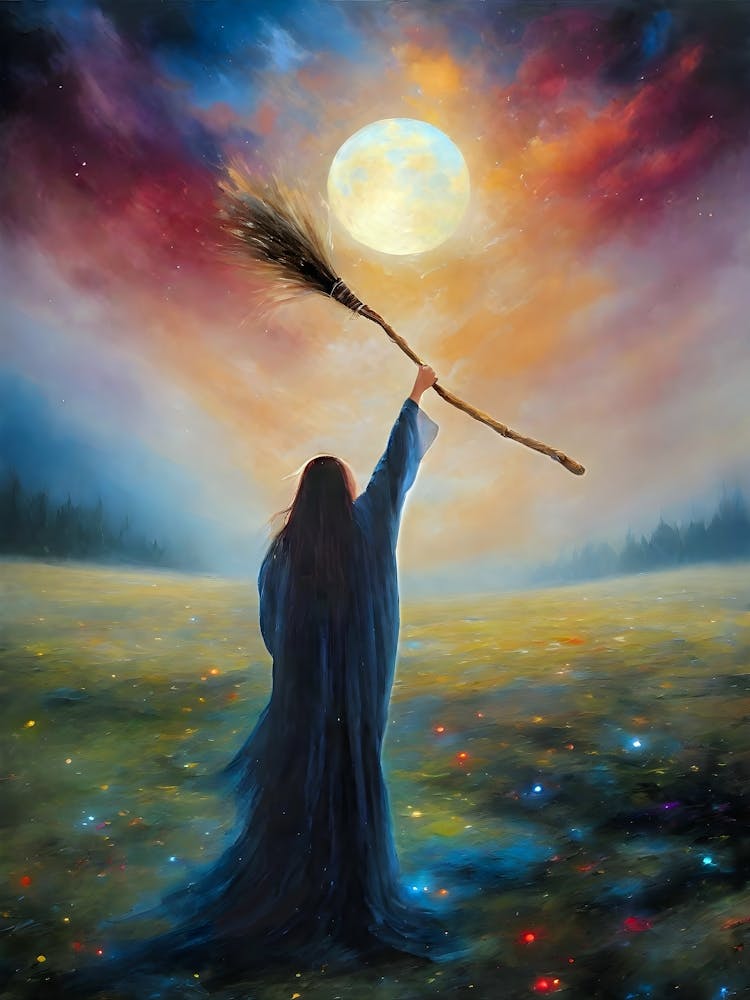 Hail the Lunar Goddess! Full Color - Witchy Art Work by John Arwen Full Moon Pagan Witch Broomstick Hecate Hekate Diana Summer Fields Colorful Aesthetic Women Healing Empowerment Spellcasting Wicca Wheel of the Year Witches Feature Wall HD