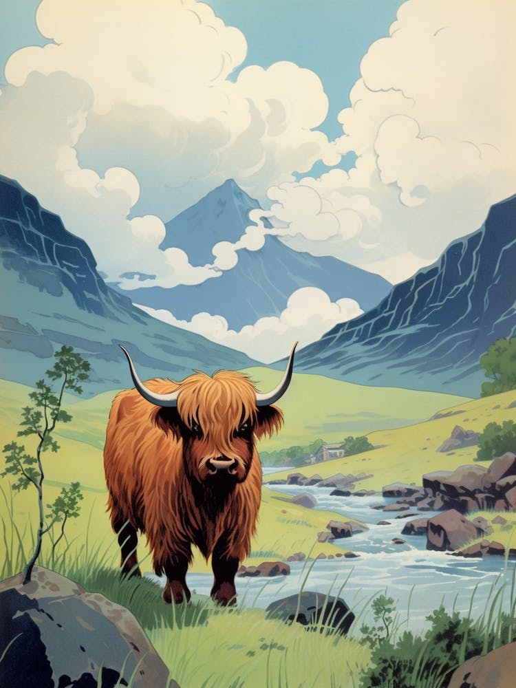 Highland Cow With Mountains In The Distance